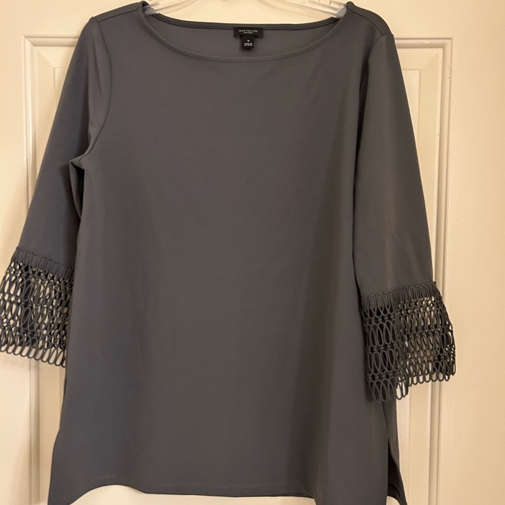 Ann Taylor dark gray women’s blouse, size M, mesh sleeve detail